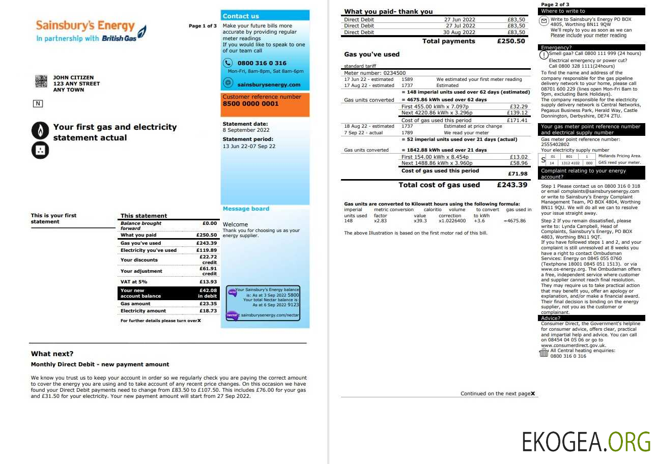 United Kingdom Sainsbury’s Energy (British Gas) bill, Word and PDF template, 3 pages 1 2